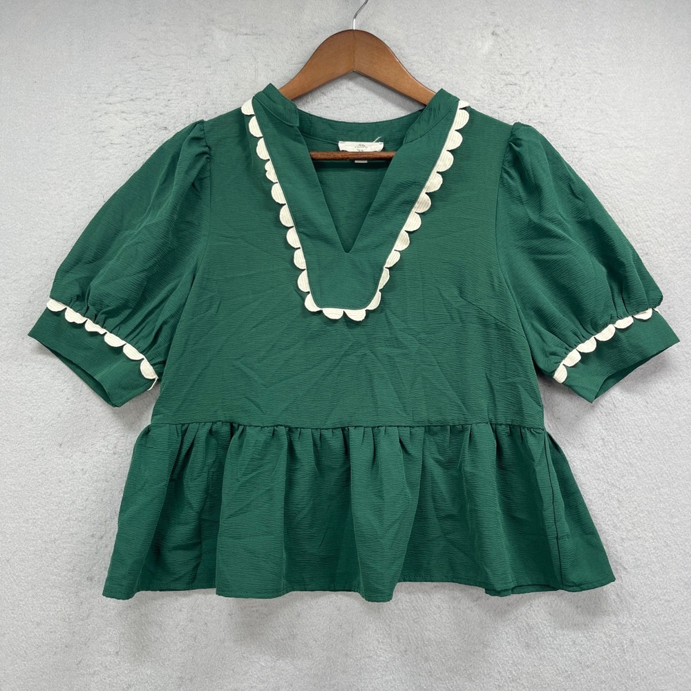 Entro Peplum Blouse Womens S Green Scallop Trim Puff Sleeve Textured Boho Chic